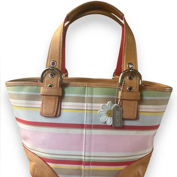 COACH Hampton Daisy Stripe Vachetta Leather & Canvas Mini Tote EUC - Picture 5 of 12